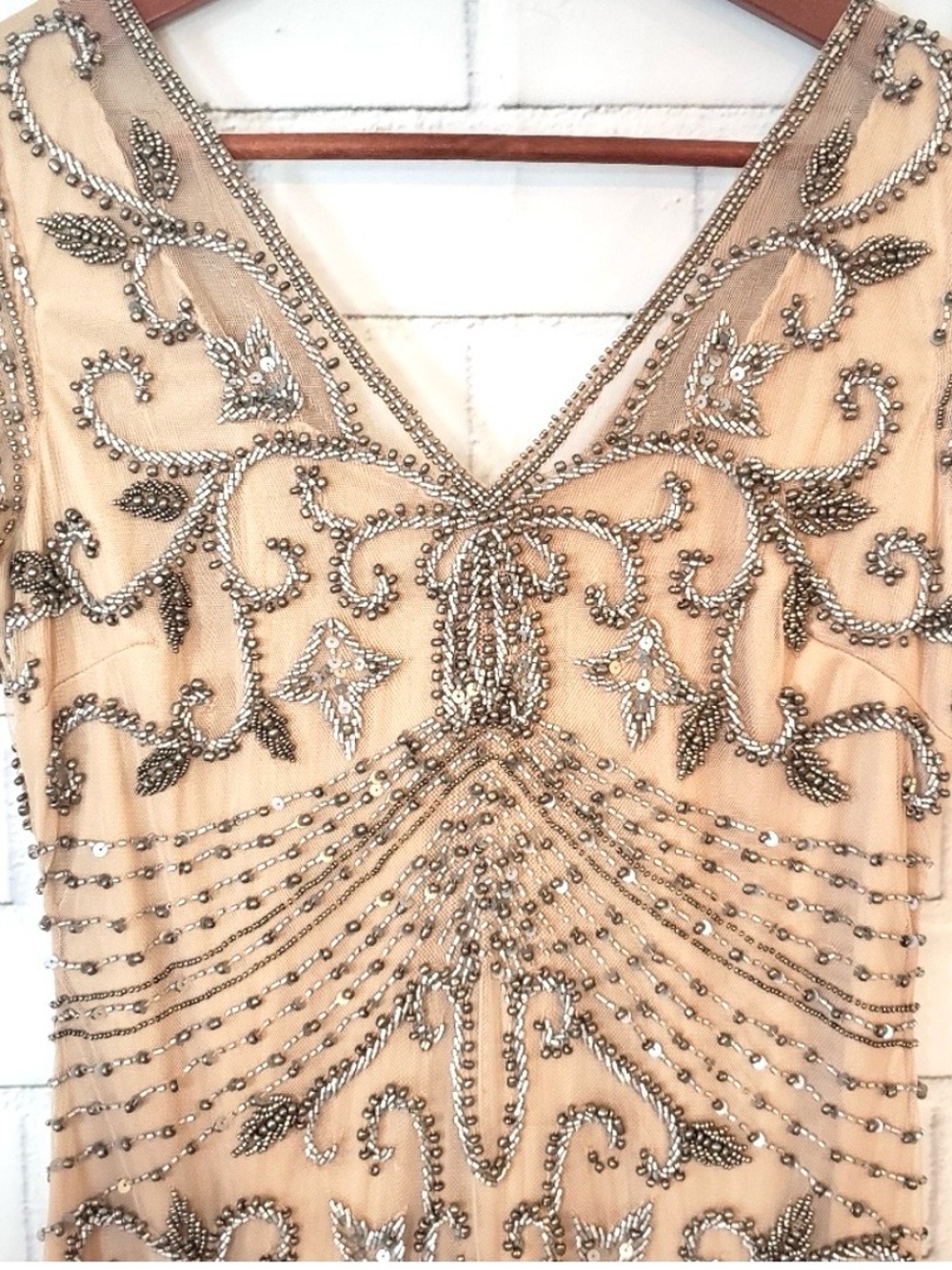 Pisarro Nights Blush Nude Silver Beaded Longline Gown NWT 10 - Picture 12 of 15